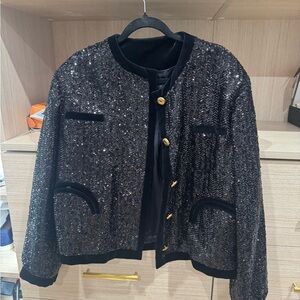 Black Sequin Blazer with Gold woven detail button